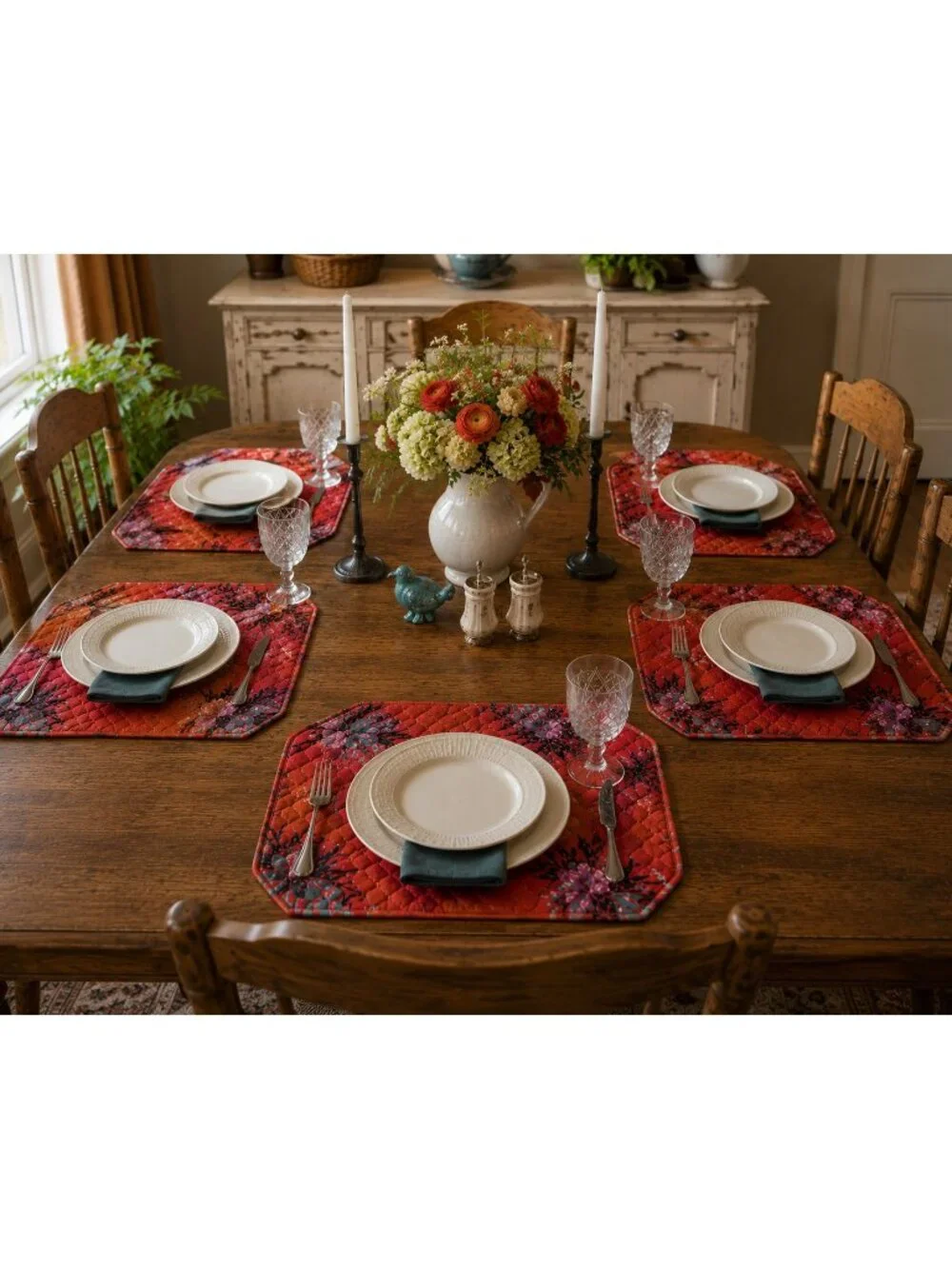 6 Vintage Quilted Placemats Orange Red Floral Table Mats Cottage Kitchen Linens